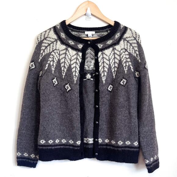 Vintage J Jill Fair Isle Nordic Women Cardi Sweater Size SP Brown Wool Cabin Ski - Picture 1 of 9